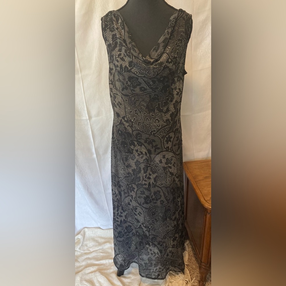 Whimsigoth Size 12 Y2K Sheer Black Beaded Overlay Dress Cowl Neck Fairycore